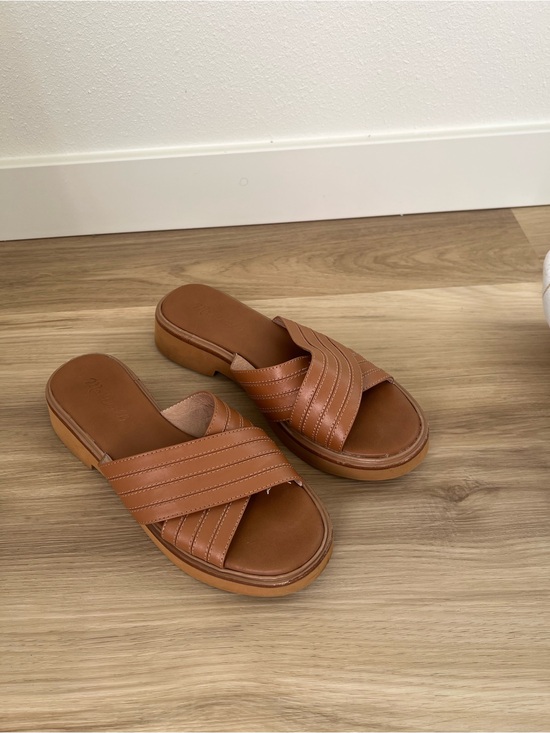 Madewell Shoes - Madewell Tan Leather Cross-Strap Slide Mules
